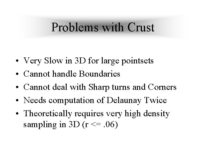 Problems with Crust • • • Very Slow in 3 D for large pointsets