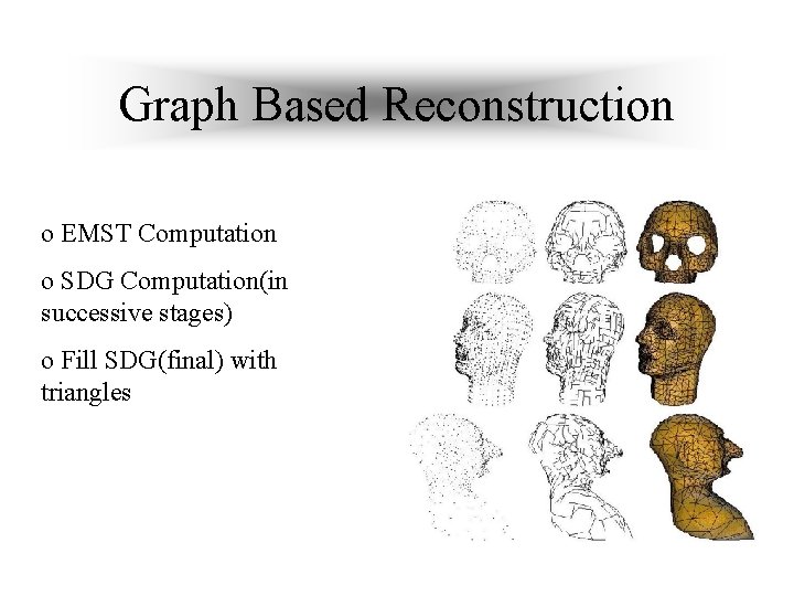 Graph Based Reconstruction o EMST Computation o SDG Computation(in successive stages) o Fill SDG(final)