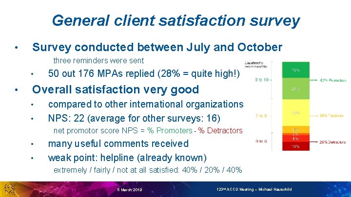 General client satisfaction survey • Survey conducted between July and October three reminders were