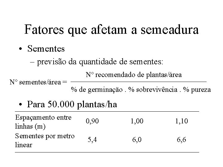 Fatores que afetam a semeadura • Sementes – previsão da quantidade de sementes: Nº