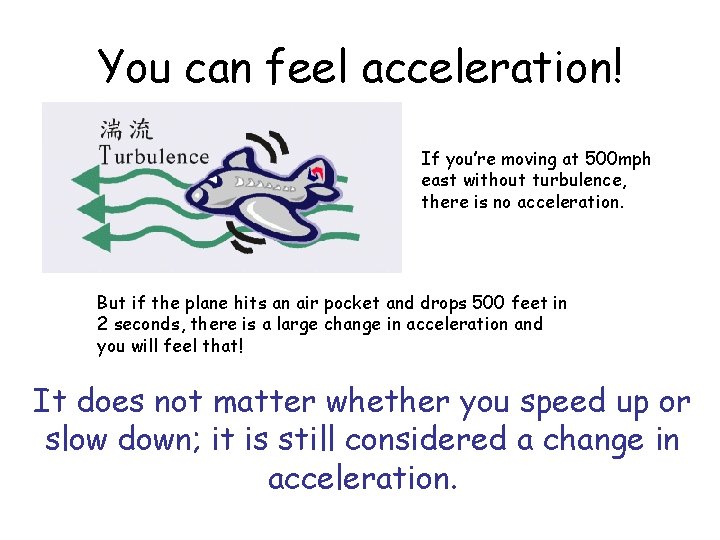 You can feel acceleration! If you’re moving at 500 mph east without turbulence, there