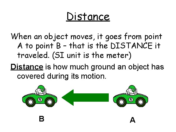 Distance When an object moves, it goes from point A to point B –