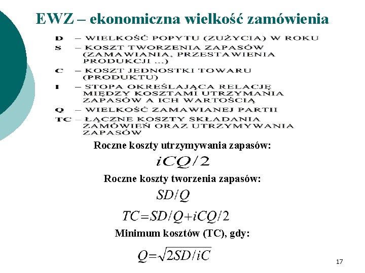 EWZ – ekonomiczna wielkość zamówienia Roczne koszty utrzymywania zapasów: Roczne koszty tworzenia zapasów: Minimum