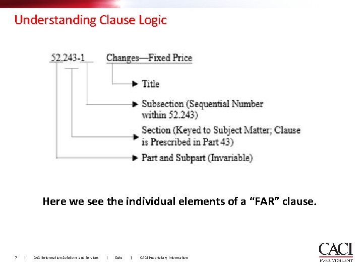 Understanding Clause Logic Here we see the individual elements of a “FAR” clause. 7