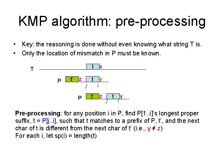 KMP algorithm: pre-processing • Key: the reasoning is done without even knowing what string