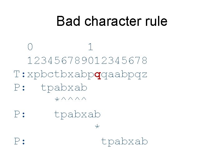 Bad character rule 0 1 123456789012345678 T: xpbctbxabpqqaabpqz P: tpabxab *^^^^ P: tpabxab *