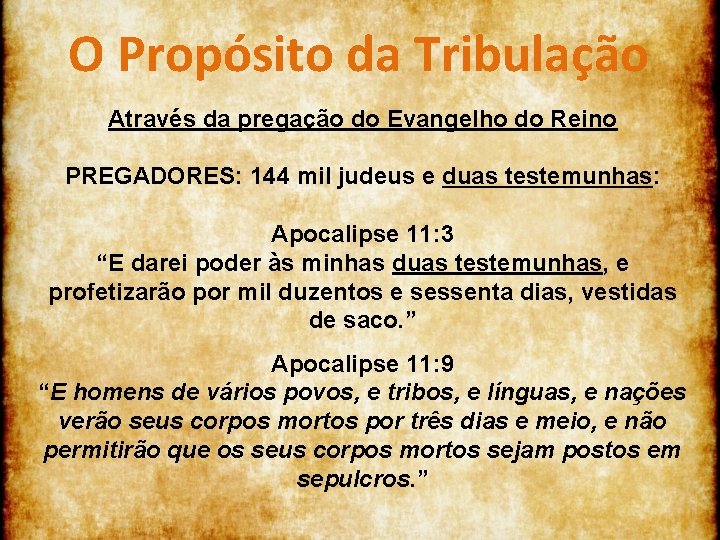O Propósito da Tribulação Através da pregação do Evangelho do Reino PREGADORES: 144 mil