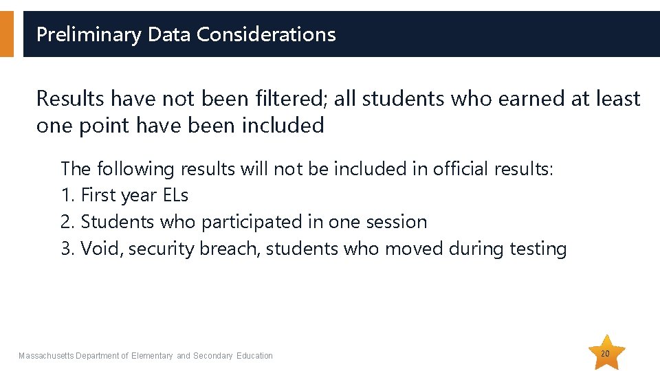 Preliminary Data Considerations Results have not been filtered; all students who earned at least