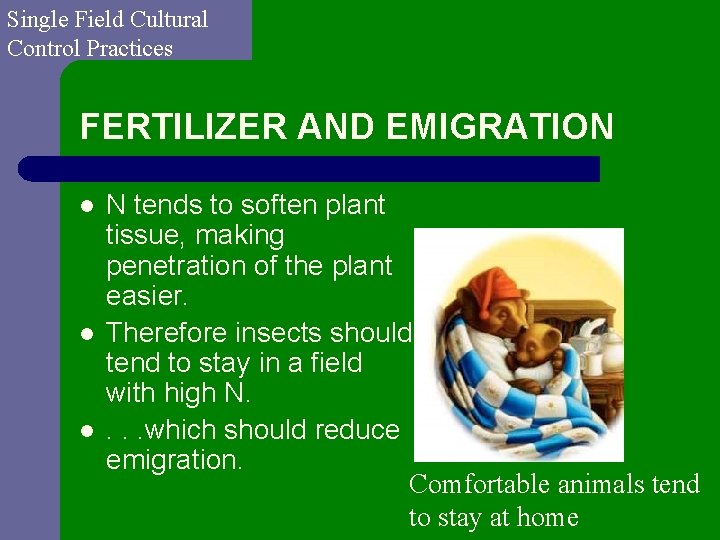 Single Field Cultural Control Practices FERTILIZER AND EMIGRATION l l l N tends to