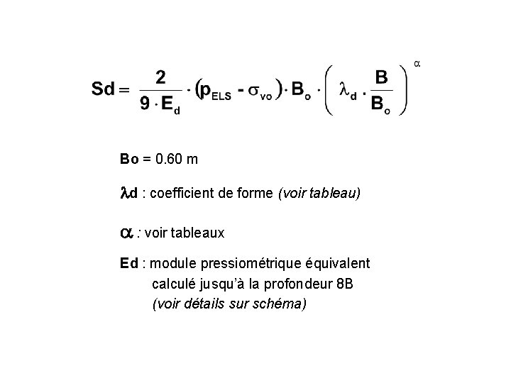 Bo = 0. 60 m ld : coefficient de forme (voir tableau) a :