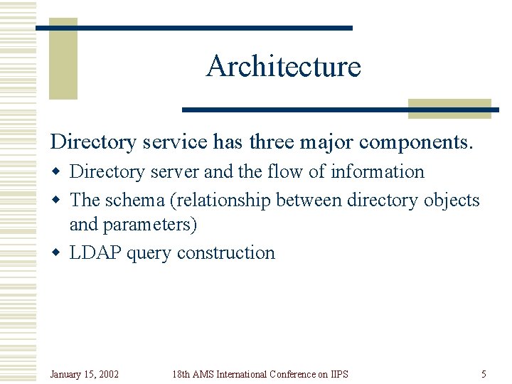 Architecture Directory service has three major components. w Directory server and the flow of