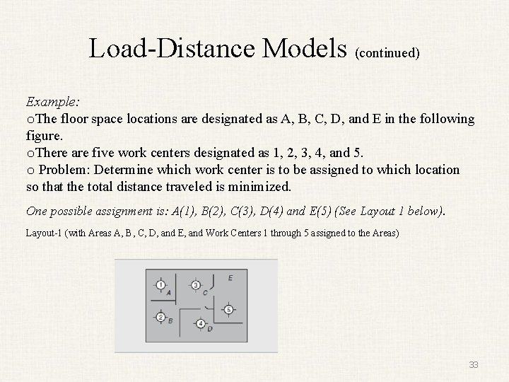 Load-Distance Models (continued) Example: o. The floor space locations are designated as A, B,
