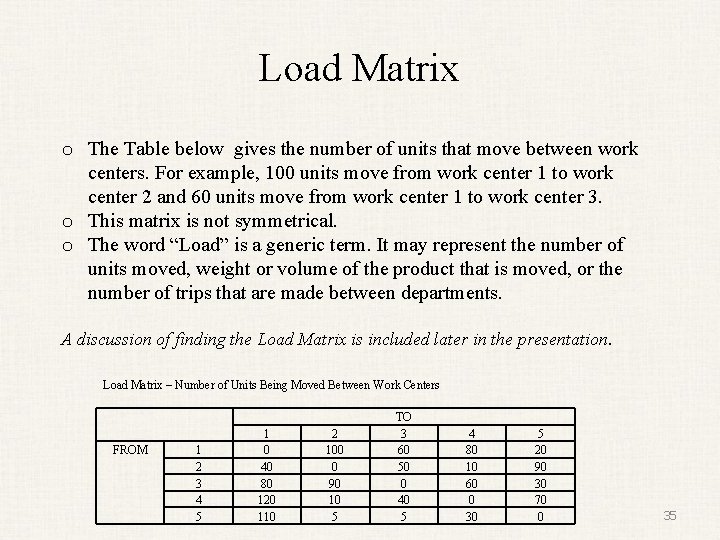 Load Matrix o The Table below gives the number of units that move between