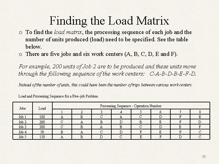 Finding the Load Matrix o To find the load matrix, the processing sequence of