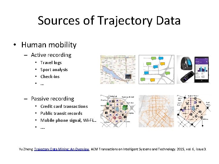 Sources of Trajectory Data • Human mobility – Active recording • • Travel logs