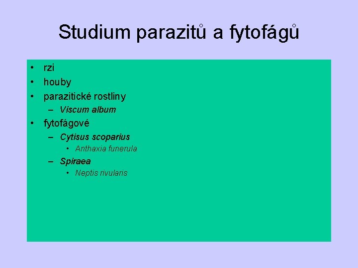 Studium parazitů a fytofágů • rzi • houby • parazitické rostliny – Viscum album