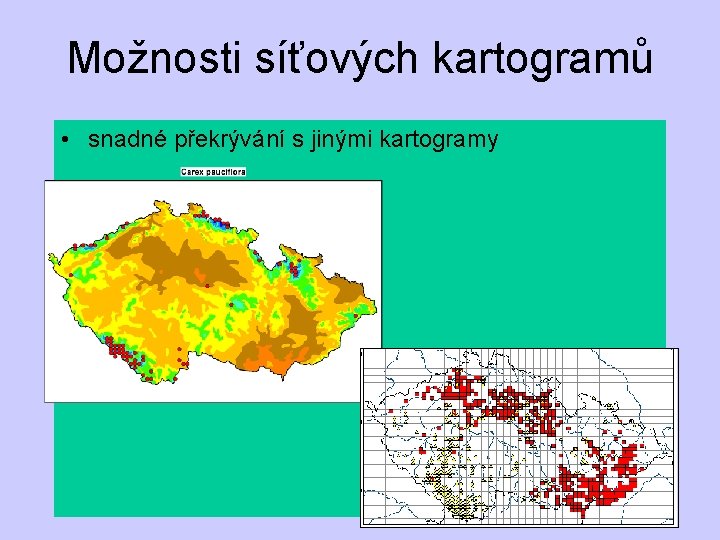 Možnosti síťových kartogramů • snadné překrývání s jinými kartogramy Carex tomentosa Carex umbrosa 