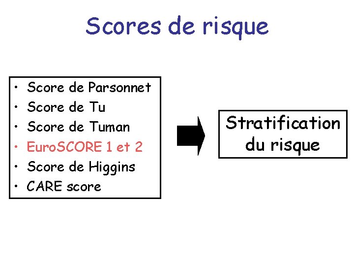 Scores de risque • • • Score de Parsonnet Score de Tuman Euro. SCORE