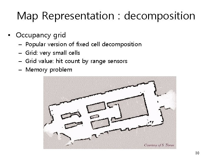 Map Representation : decomposition • Occupancy grid – – Popular version of fixed cell