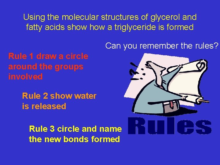 Using the molecular structures of glycerol and fatty acids show a triglyceride is formed