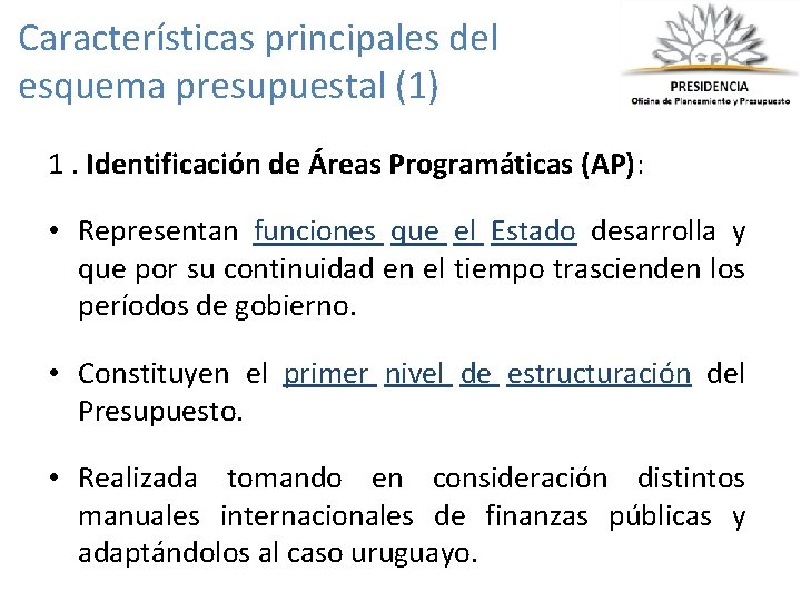 Características principales del esquema presupuestal (1) 1. Identificación de Áreas Programáticas (AP): • Representan