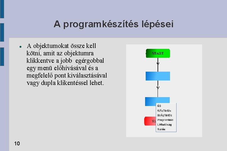 A programkészítés lépései 10 A objektumokat össze kell kötni, amit az objektumra klikkentve a