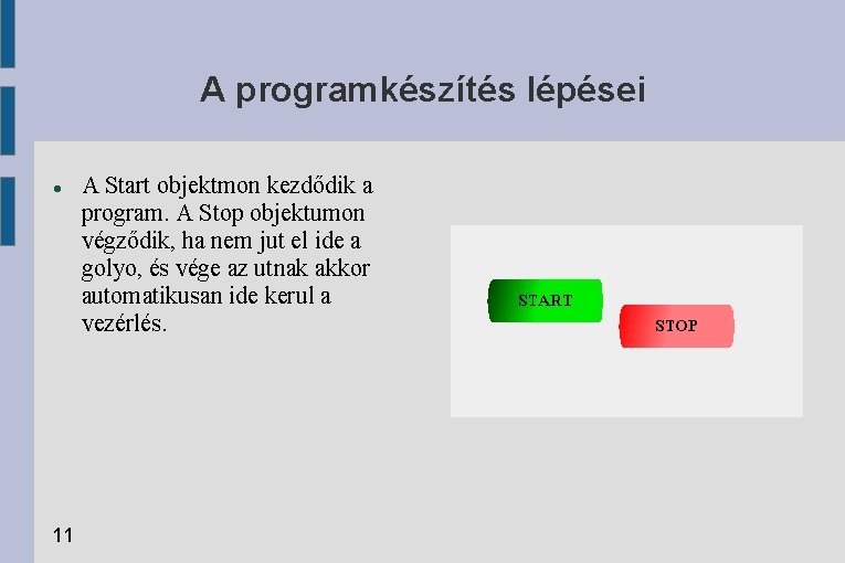 A programkészítés lépései 11 A Start objektmon kezdődik a program. A Stop objektumon végződik,