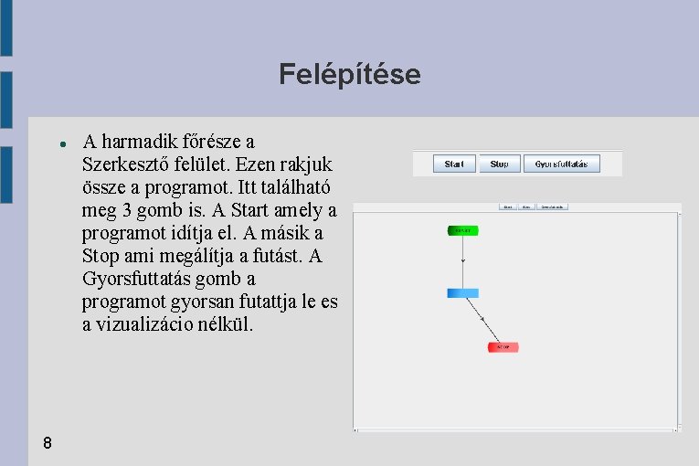 Felépítése 8 A harmadik főrésze a Szerkesztő felület. Ezen rakjuk össze a programot. Itt