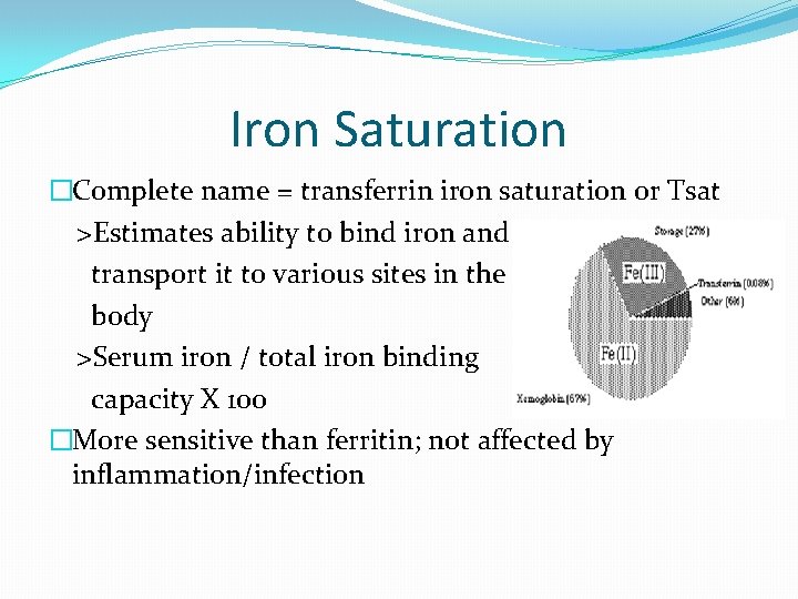 Iron Saturation �Complete name = transferrin iron saturation or Tsat >Estimates ability to bind