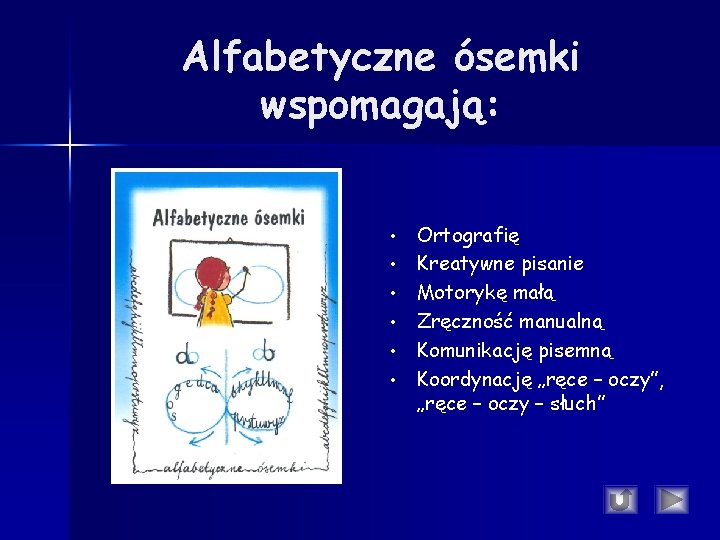 Alfabetyczne ósemki wspomagają: • • • Ortografię Kreatywne pisanie Motorykę małą Zręczność manualną Komunikację Alfabetyczne ósemki wspomagają: • • • Ortografię Kreatywne pisanie Motorykę małą Zręczność manualną Komunikację