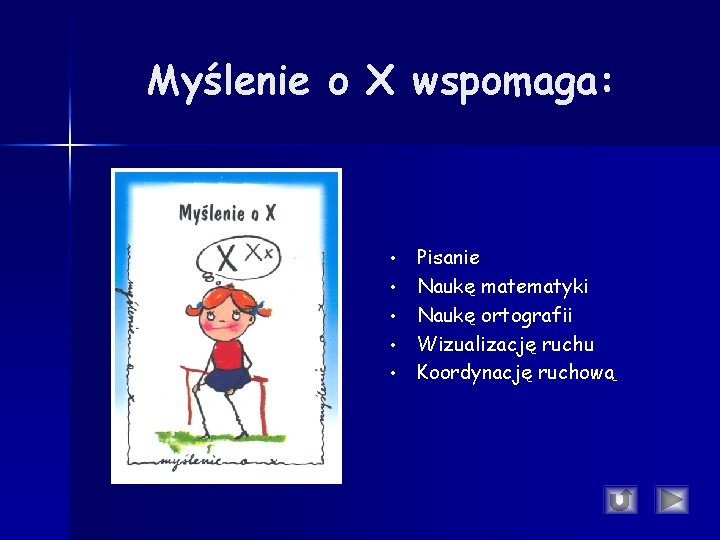 Myślenie o X wspomaga: • • • Pisanie Naukę matematyki Naukę ortografii Wizualizację ruchu Myślenie o X wspomaga: • • • Pisanie Naukę matematyki Naukę ortografii Wizualizację ruchu