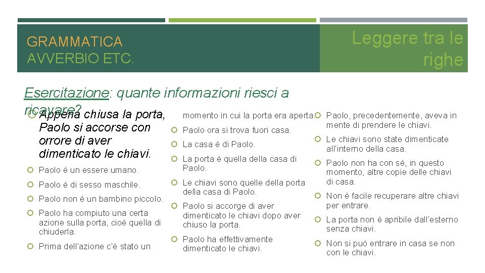 Leggere tra le righe GRAMMATICA AVVERBIO ETC. Esercitazione: quante informazioni riesci a ricavare? Appena