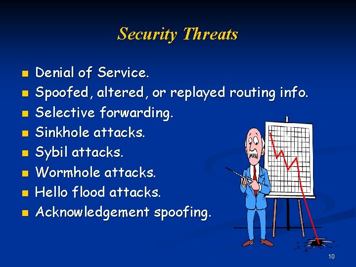 Security Threats n n n n Denial of Service. Spoofed, altered, or replayed routing