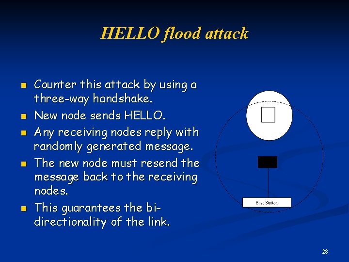 HELLO flood attack n n n Counter this attack by using a three-way handshake.