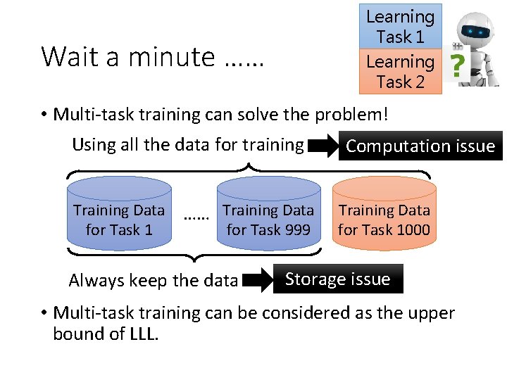 Learning Task 1 Learning Task 2 Wait a minute …… • Multi-task training can