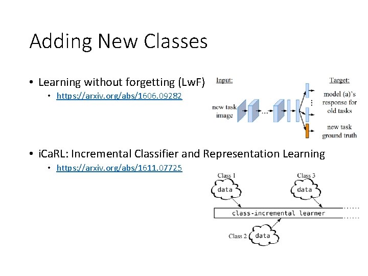Adding New Classes • Learning without forgetting (Lw. F) • https: //arxiv. org/abs/1606. 09282