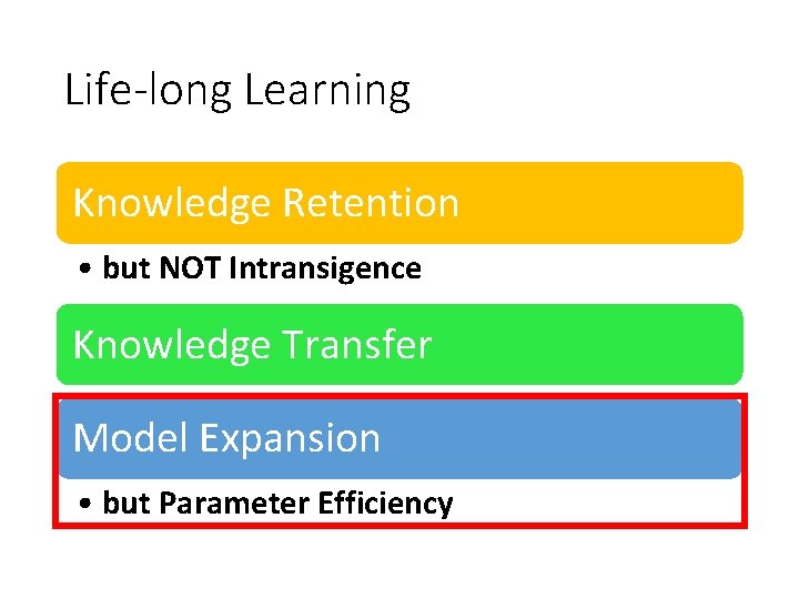 Life-long Learning Knowledge Retention • but NOT Intransigence Knowledge Transfer Model Expansion • but