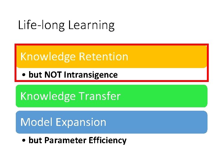 Life-long Learning Knowledge Retention • but NOT Intransigence Knowledge Transfer Model Expansion • but