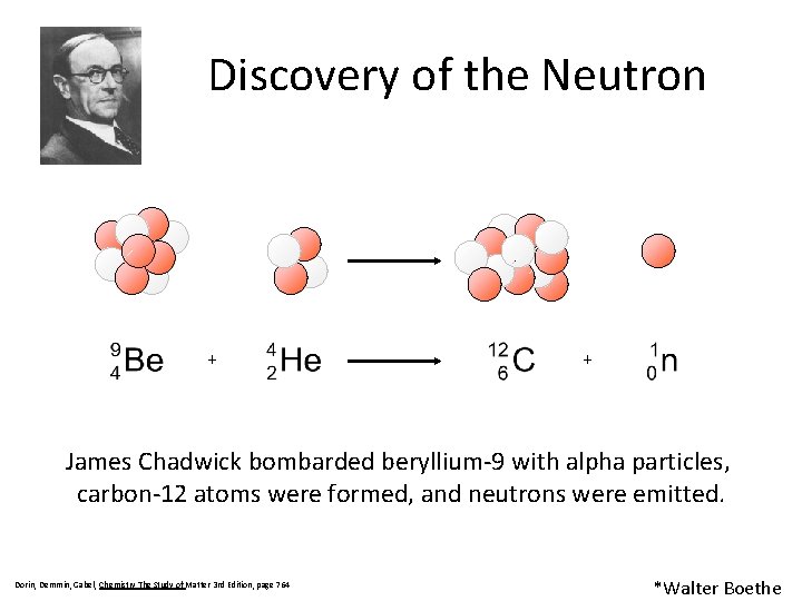 Discovery of the Neutron + + James Chadwick bombarded beryllium-9 with alpha particles, carbon-12