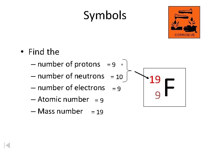 Symbols • Find the – number of protons = 9 + – number of