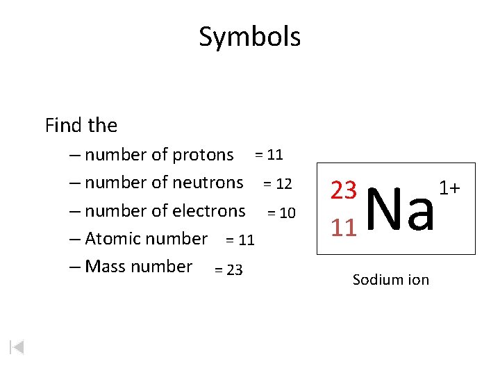 Symbols Find the – number of protons = 11 – number of neutrons =