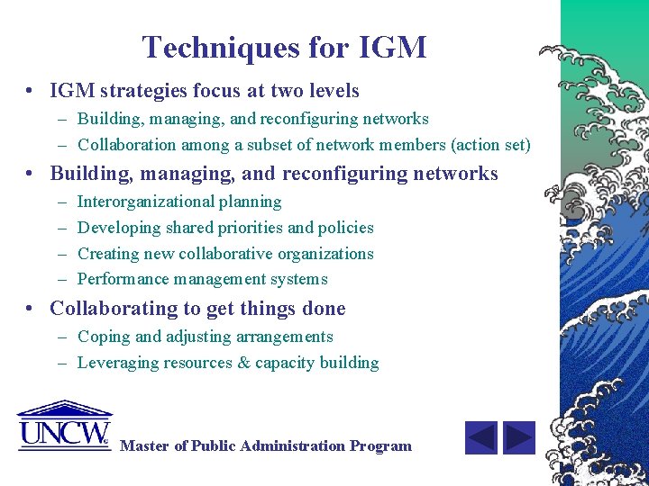 Techniques for IGM • IGM strategies focus at two levels – Building, managing, and