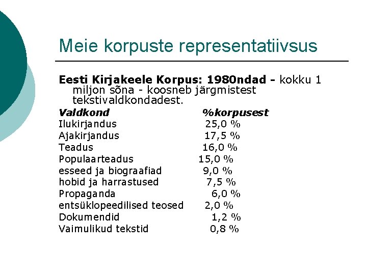 Meie korpuste representatiivsus Eesti Kirjakeele Korpus: 1980 ndad - kokku 1 miljon sõna -