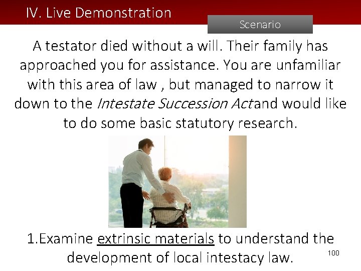 IV. Live Demonstration Scenario A testator died without a will. Their family has approached