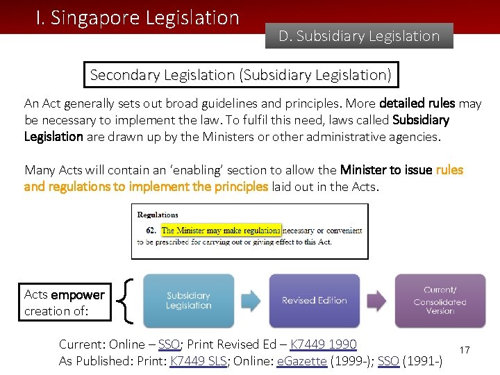 I. Singapore Legislation D. Subsidiary Legislation Secondary Legislation (Subsidiary Legislation) An Act generally sets