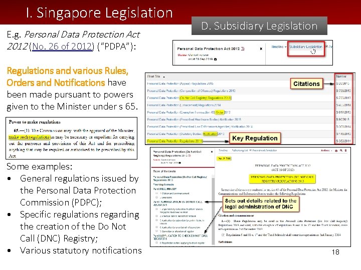 I. Singapore Legislation E. g. Personal Data Protection Act 2012 (No. 26 of 2012)