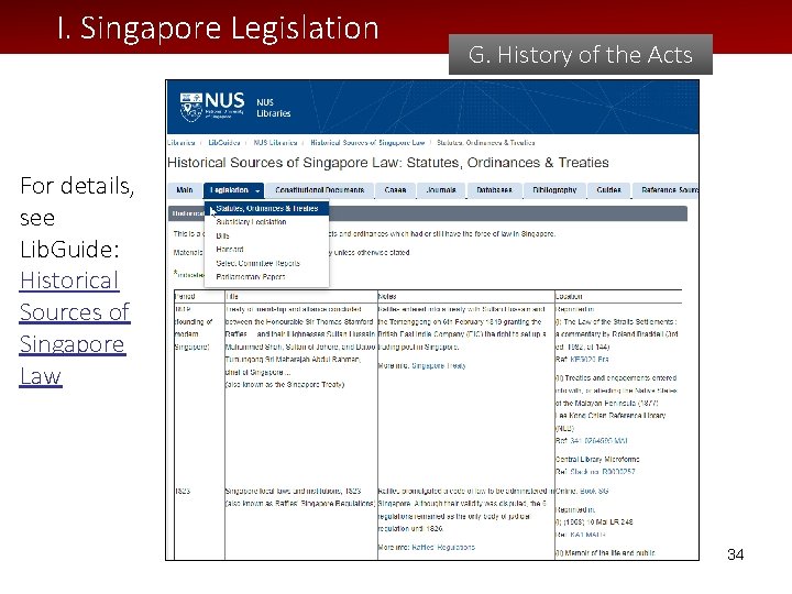 I. Singapore Legislation G. History of the Acts For details, see Lib. Guide: Historical