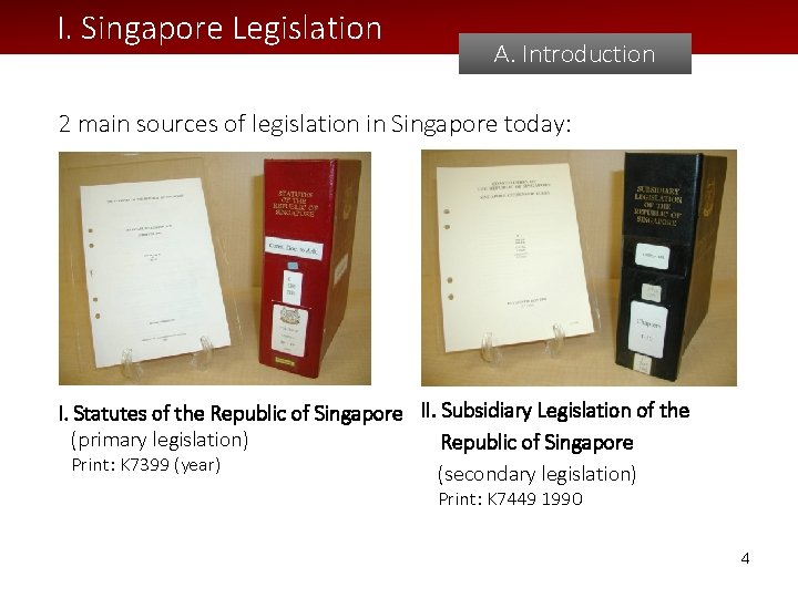I. Singapore Legislation A. Introduction 2 main sources of legislation in Singapore today: I.