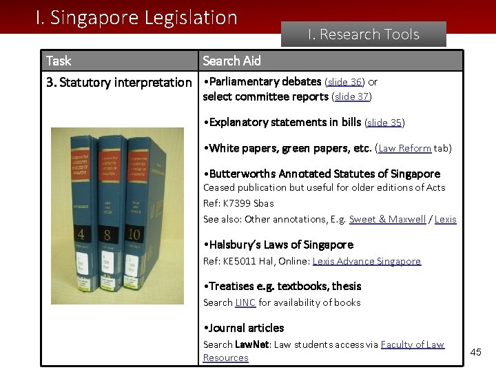 I. Singapore Legislation Task I. Research Tools Search Aid 3. Statutory interpretation • Parliamentary