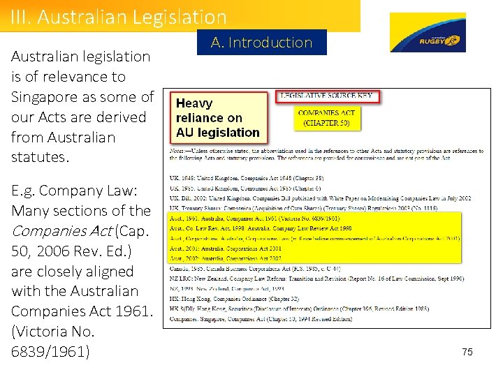 III. Australian Legislation Australian legislation is of relevance to Singapore as some of our